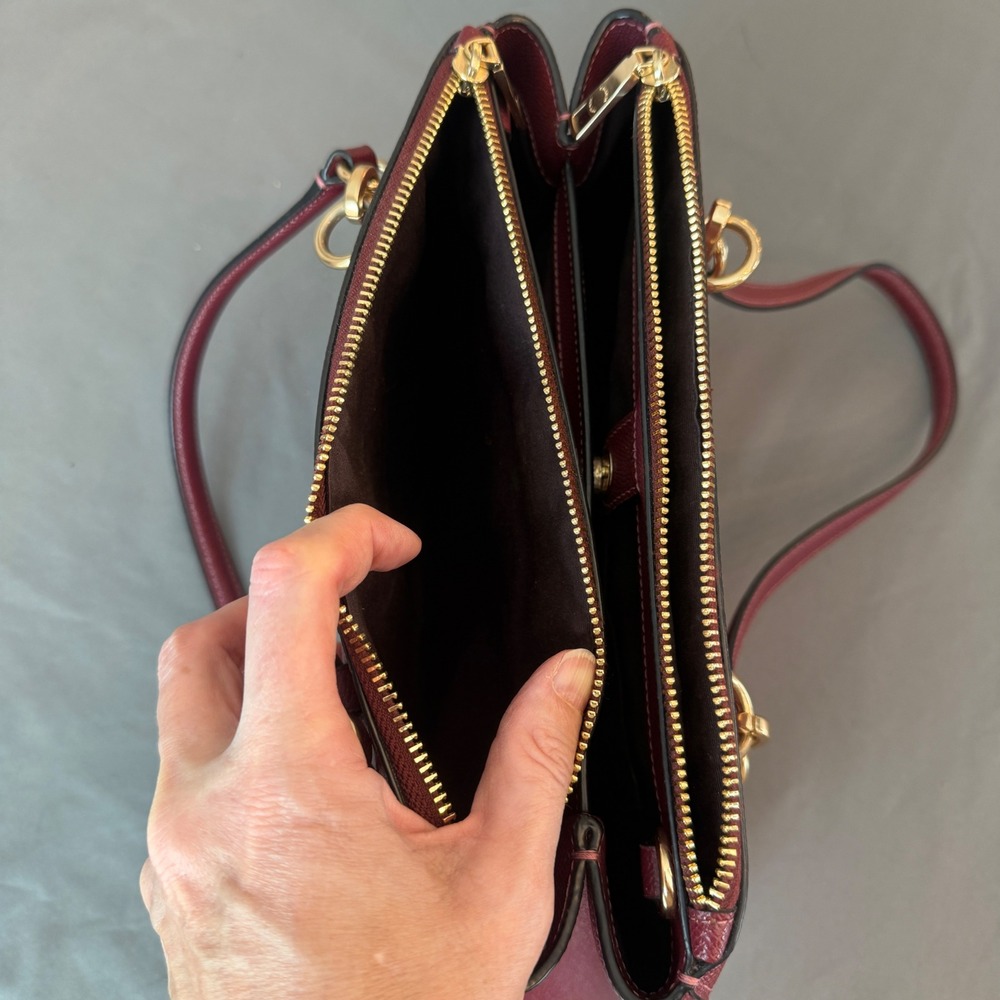 Coach Burgundy ETTA Carryall Crossgrain Leather Triple Zip Gold Hardware Handbag - Picture 10 of 12
